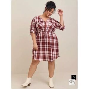 Plus Size Plaid Shirtdress - Red/White